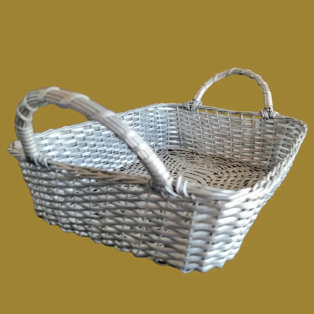 Vintage 1970s MCM Double Handled French Woven Metal Bread Basket